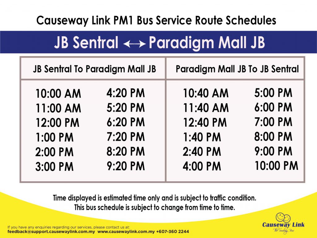PM1 from JB sentral to Paradigm Mall Bus Timetable